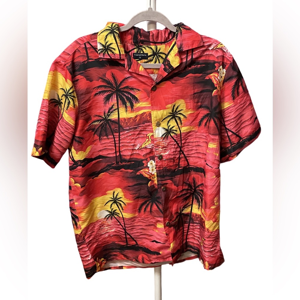 USED Men's Tropical Palm Tree Button Down Shirt